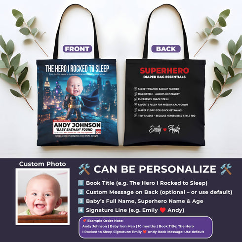 Personalized Superhero Baby Tote Bag – Baby Batman Design with Custom Photo & Quote